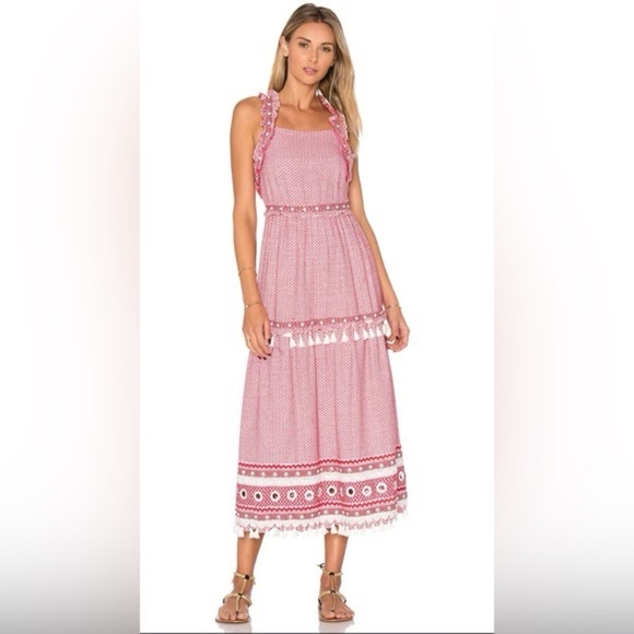 Dodo Bar Or Red & White Printed Ruffle Joseff Maxi Dress sz M - Picture 1 of 12